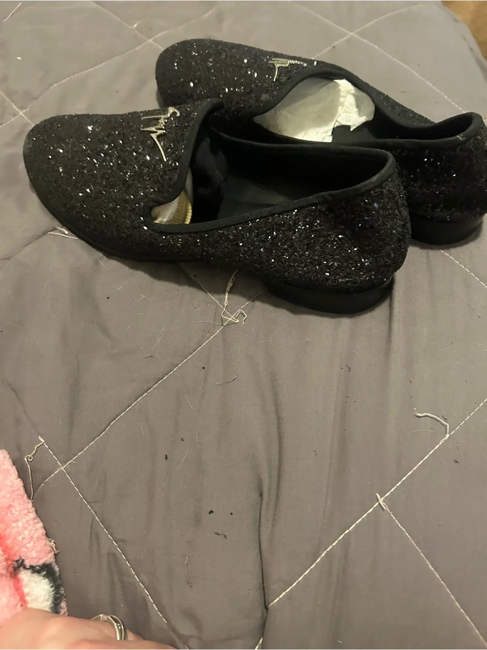 Giuseppe Zanotti Men's Black Sparkle Glitter Slip-On Loafers with Gold Logo